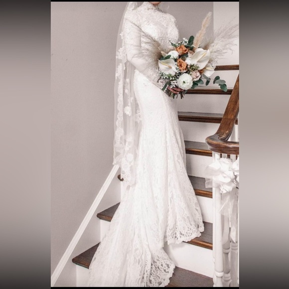 Long Sleeve Illusion Boho Style Fit & Flare Wedding Dress - Picture 1 of 7